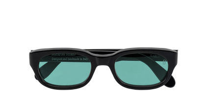 Vista frontale degli occhiali rettangolari modello Berloiz, con montatura nera e lenti color tiffany, chiusi