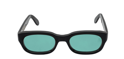 Vista frontale degli occhiali rettangolari modello Berloiz, con montatura nera e lenti color tiffany, aperti