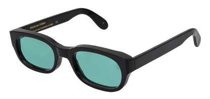 Vista a tre quarti degli occhiali rettangolari modello Berloiz, con montatura nera e lenti color tiffany, aperti