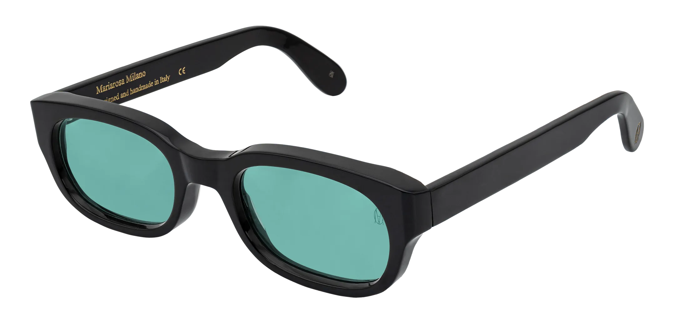 Vista a tre quarti degli occhiali rettangolari modello Berloiz, con montatura nera e lenti color tiffany, aperti