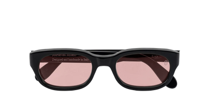 Vista frontale degli occhiali rettangolari modello Berloiz, con montatura nera e lenti color rosa antico, chiusi