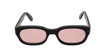 Vista frontale degli occhiali rettangolari modello Berloiz, con montatura nera e lenti color rosa antico, aperti