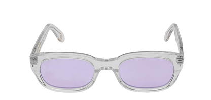 Vista frontale degli occhiali rettangolari modello Berloiz, con montatura trasparente e lenti color viola, aperti