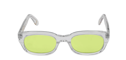 Vista frontale degli occhiali rettangolari modello Berloiz, con montatura trasparente e lenti color lime, aperti