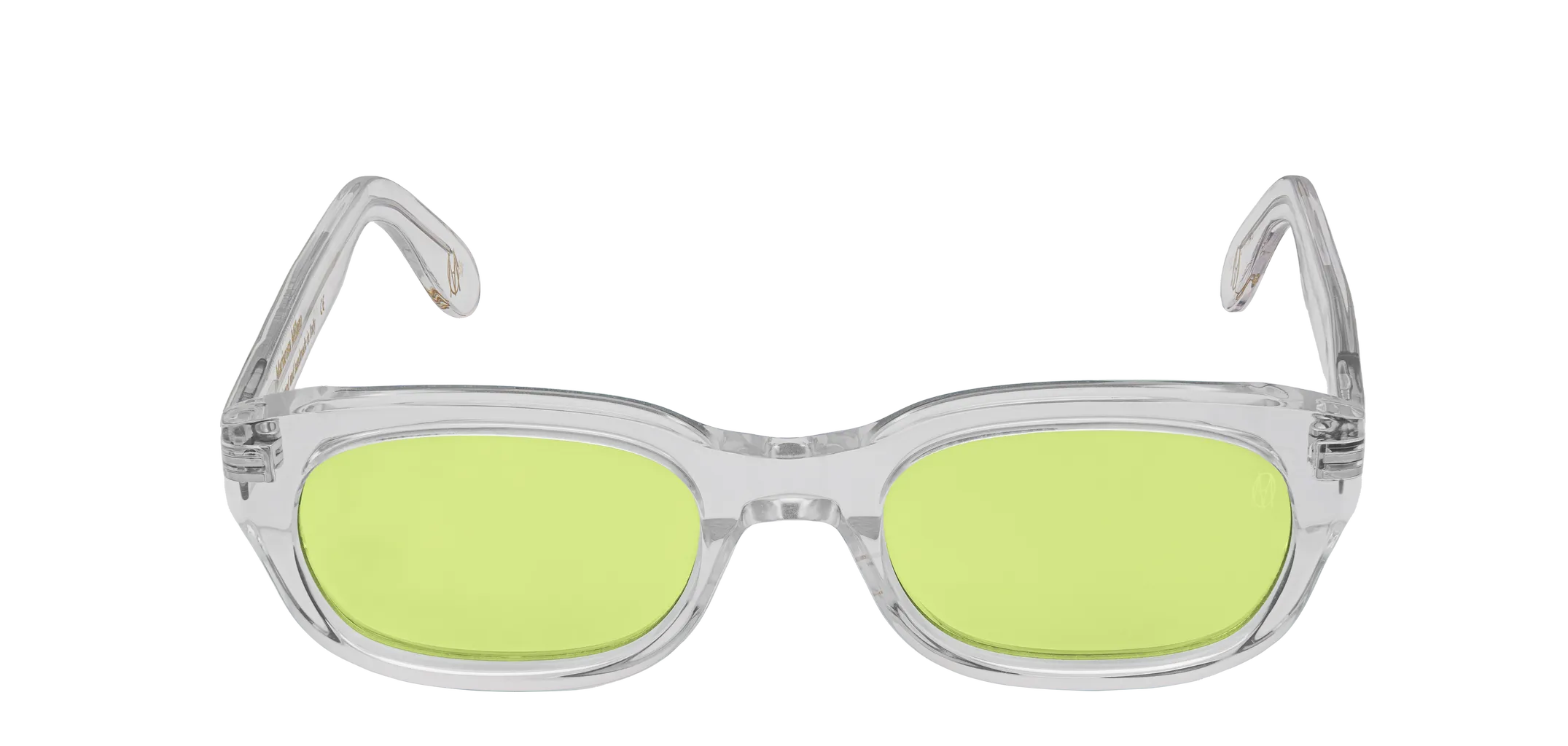 Vista frontale degli occhiali rettangolari modello Berloiz, con montatura trasparente e lenti color lime, aperti