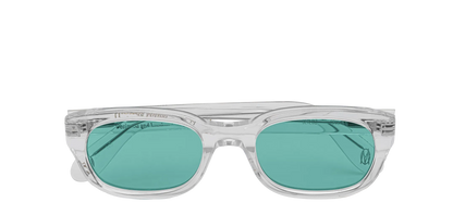 Vista frontale degli occhiali rettangolari modello Berloiz, con montatura trasparente e lenti color tiffany, chiusi