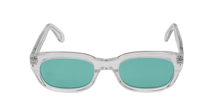 Vista frontale degli occhiali rettangolari modello Berloiz, con montatura trasparente e lenti color tiffany, aperti