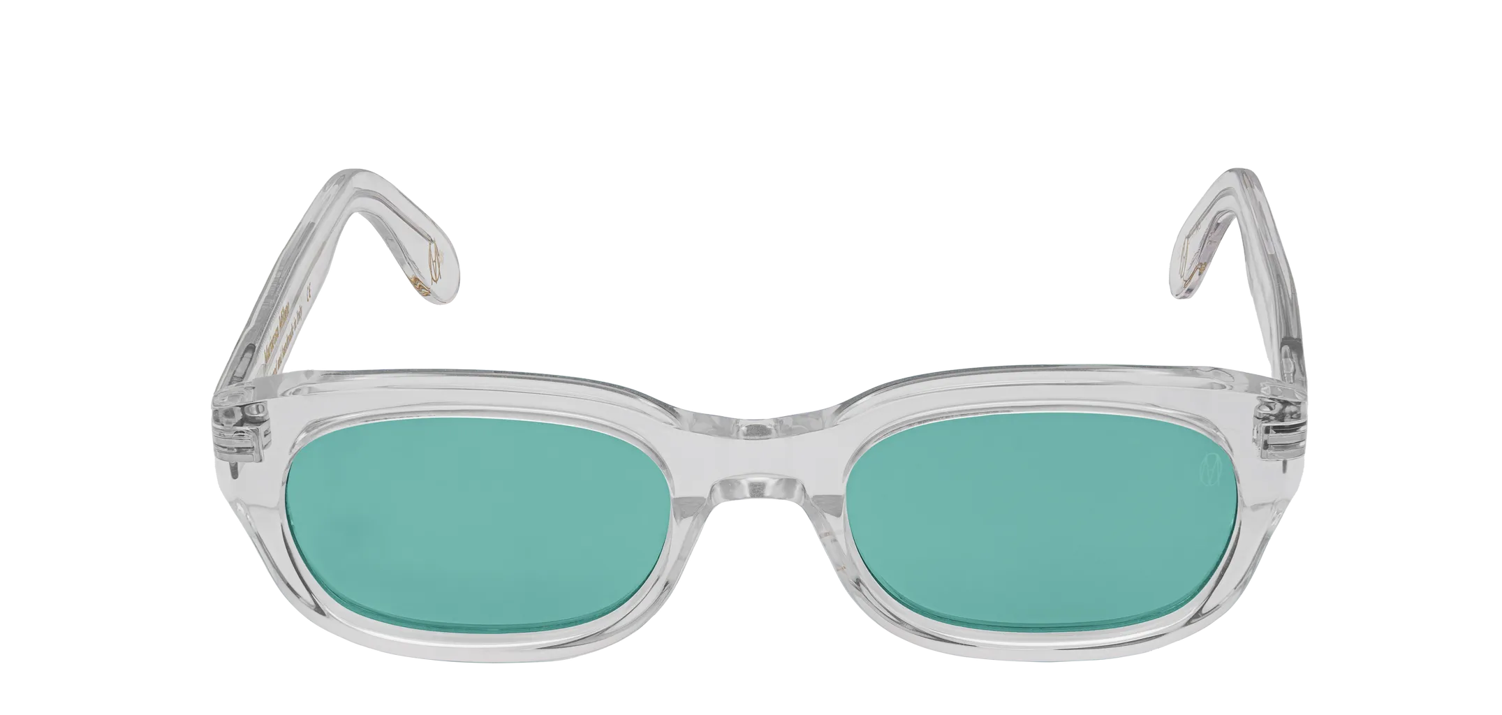Vista frontale degli occhiali rettangolari modello Berloiz, con montatura trasparente e lenti color tiffany, aperti