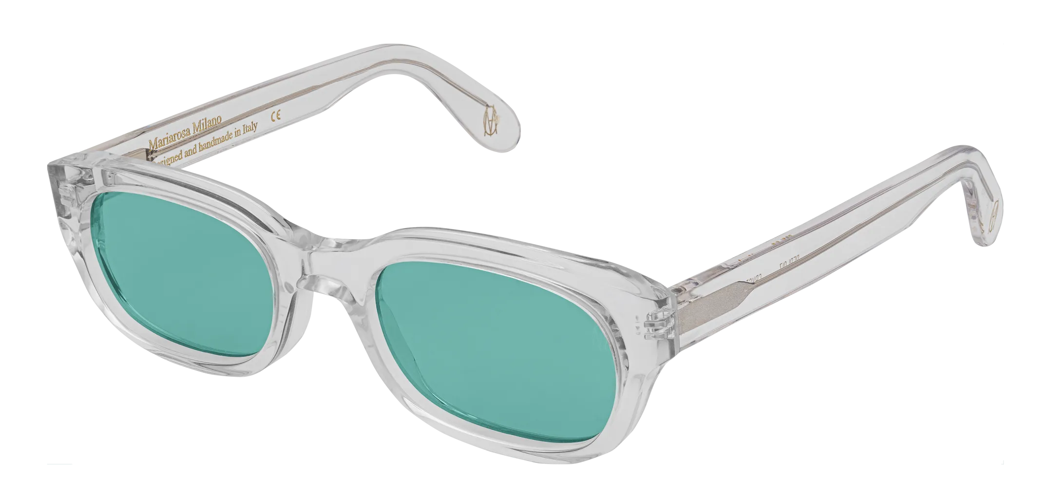 Vista a tre quarti degli occhiali rettangolari modello Berloiz, con montatura trasparente e lenti color tiffany, aperti