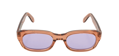 Vista frontale degli occhiali rettangolari modello Berloiz, con montatura marrone e lenti color viola, aperti