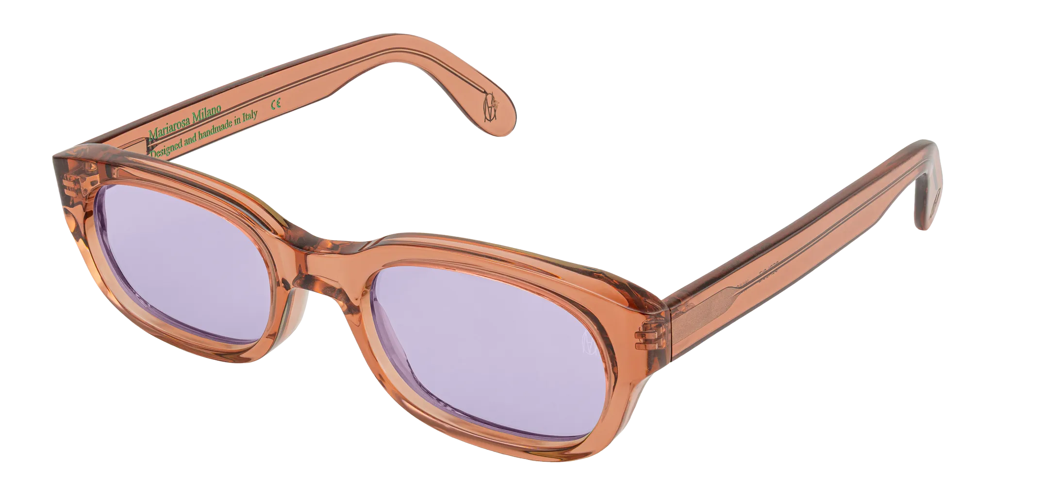 Vista a tre quarti degli occhiali rettangolari modello Berloiz, con montatura marrone e lenti color viola, aperti