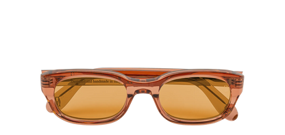 Vista frontale degli occhiali rettangolari modello Berloiz, con montatura marrone e lenti color arancio, chiusi