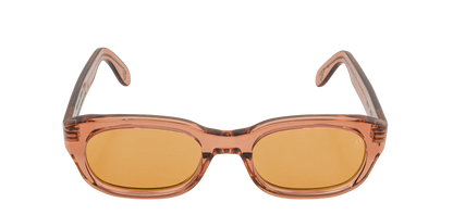 Vista frontale degli occhiali rettangolari modello Berloiz, con montatura marrone e lenti color arancio, aperti