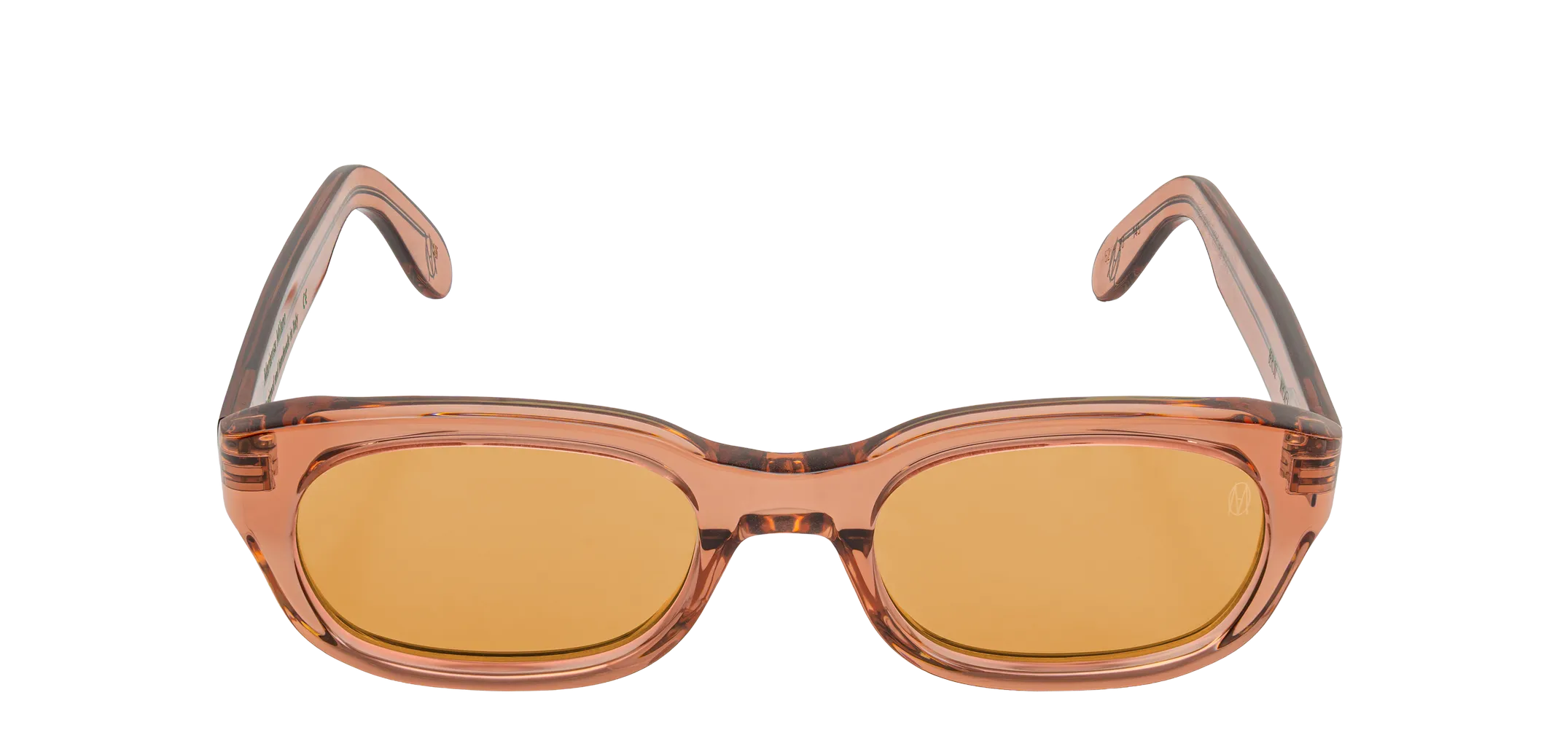Vista frontale degli occhiali rettangolari modello Berloiz, con montatura marrone e lenti color arancio, aperti