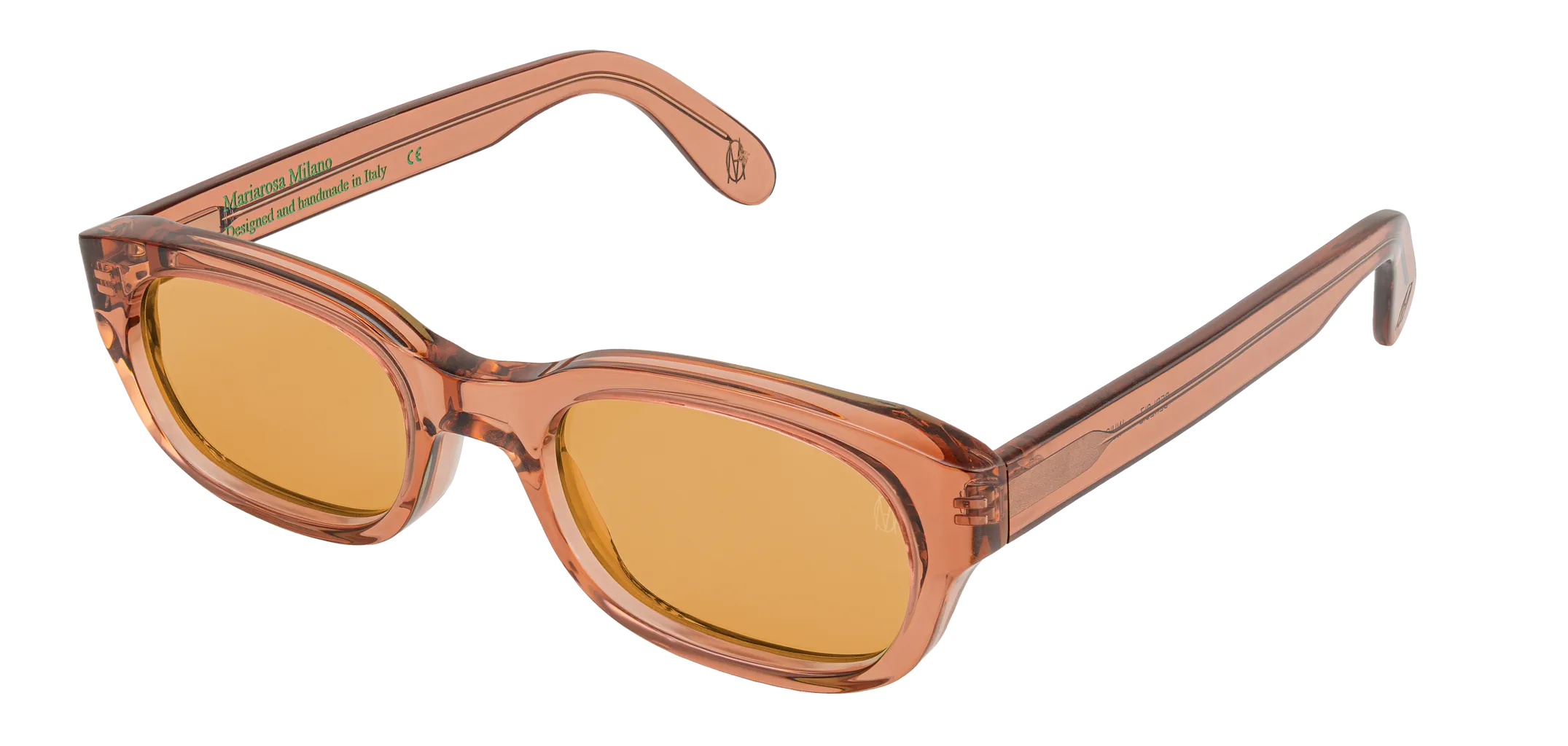 Vista a tre quarti degli occhiali rettangolari modello Berloiz, con montatura marrone e lenti color arancio, aperti