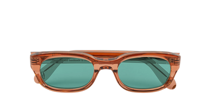 Vista frontale degli occhiali rettangolari modello Berloiz, con montatura marrone e lenti color tiffany, chiusi
