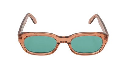Vista frontale degli occhiali rettangolari modello Berloiz, con montatura marrone e lenti color tiffany, aperti