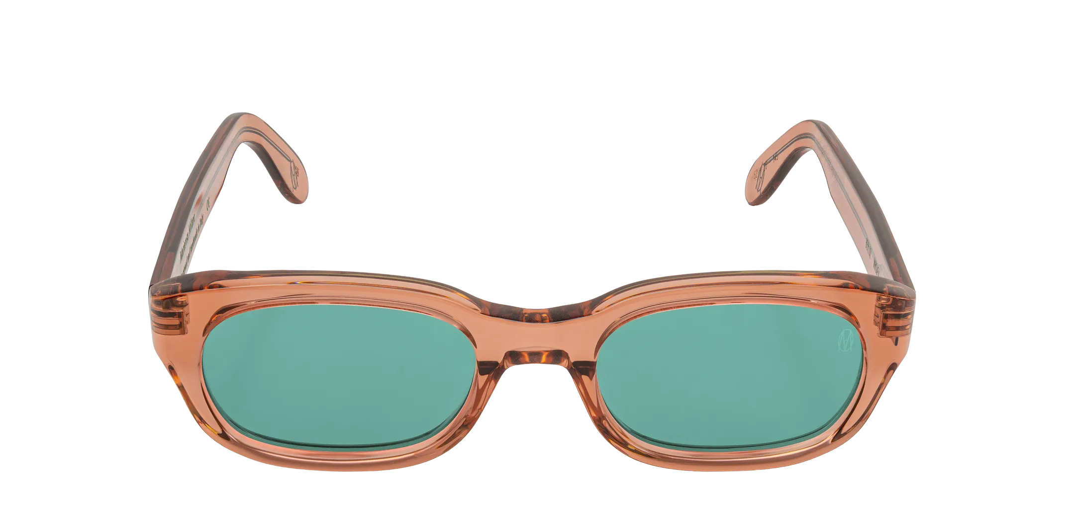 Vista frontale degli occhiali rettangolari modello Berloiz, con montatura marrone e lenti color tiffany, aperti