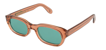 Vista a tre quarti degli occhiali rettangolari modello Berloiz, con montatura marrone e lenti color tiffany, aperti
