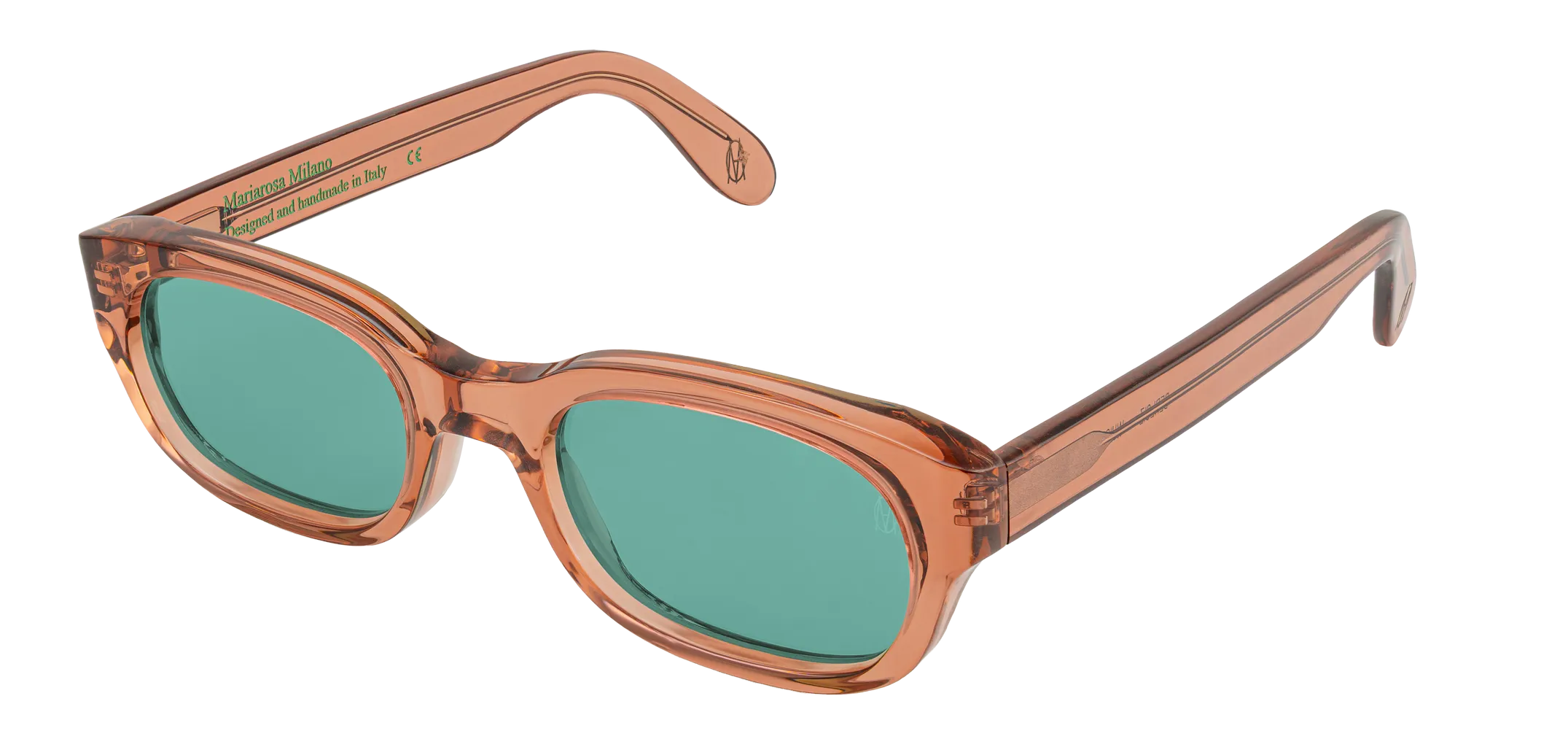 Vista a tre quarti degli occhiali rettangolari modello Berloiz, con montatura marrone e lenti color tiffany, aperti