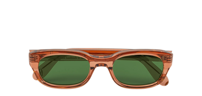 Vista frontale degli occhiali rettangolari modello Berloiz, con montatura marrone e lenti color verde scuro, chiusi