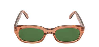 Vista frontale degli occhiali rettangolari modello Berloiz, con montatura marrone e lenti color verde scuro, aperti