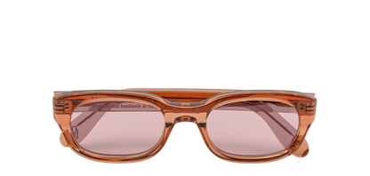 Vista frontale degli occhiali rettangolari modello Berloiz, con montatura marrone e lenti color rosa antico, chiusi