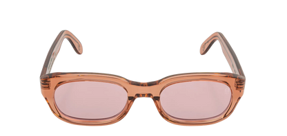 Vista frontale degli occhiali rettangolari modello Berloiz, con montatura marrone e lenti color rosa antico, aperti