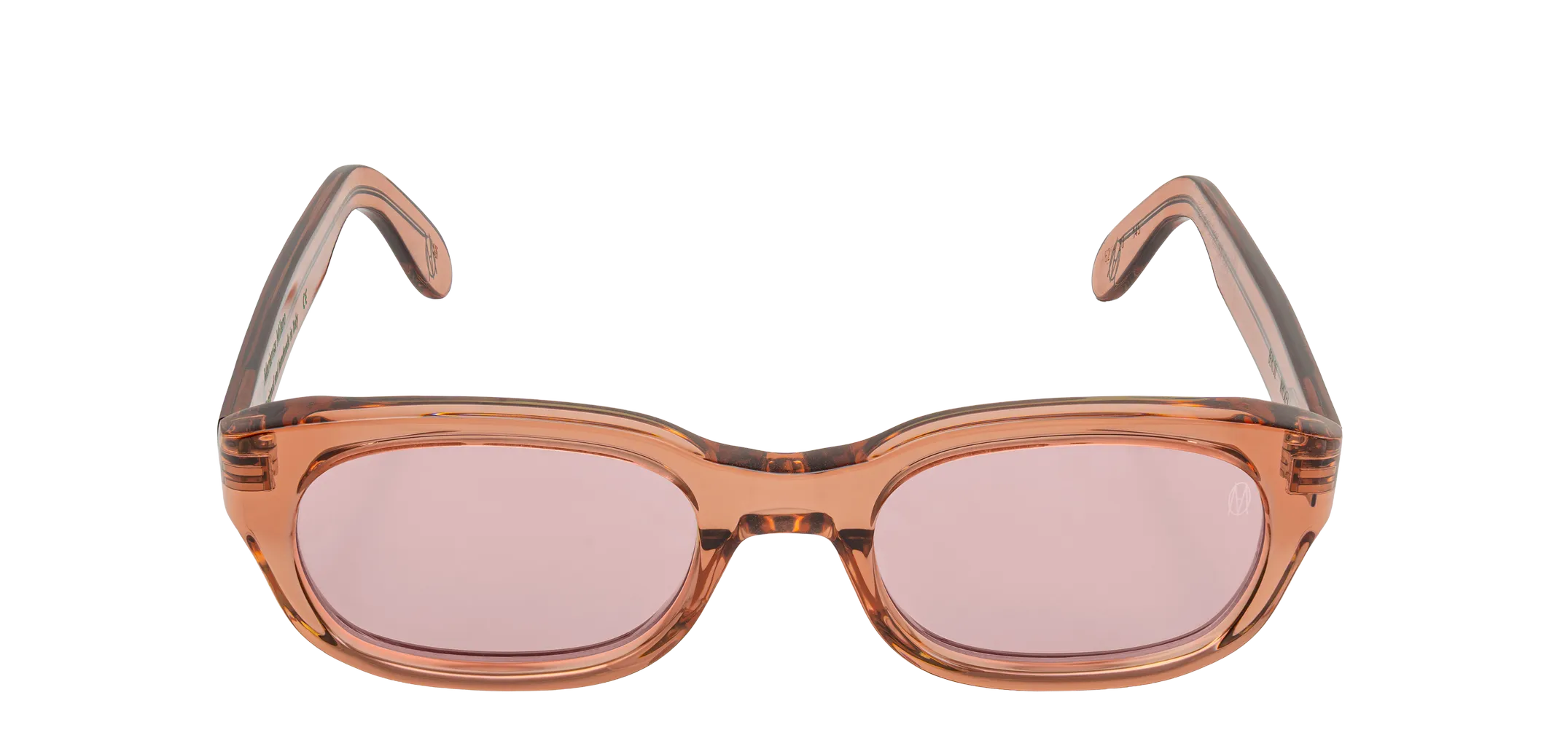 Vista frontale degli occhiali rettangolari modello Berloiz, con montatura marrone e lenti color rosa antico, aperti