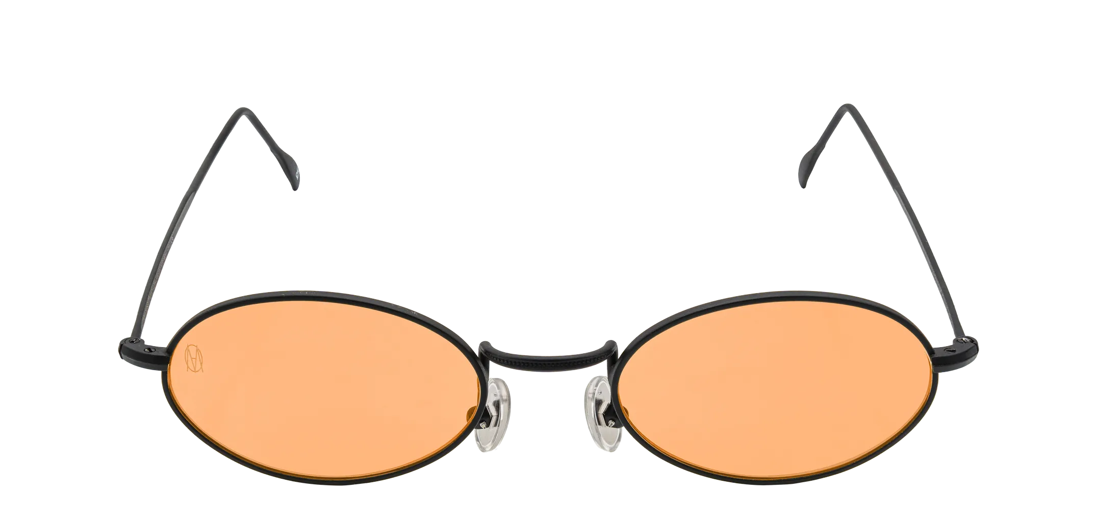 Vista frontale degli occhiali rotondi modello Marie, con montatura nera opaca e lenti color arancio, aperti