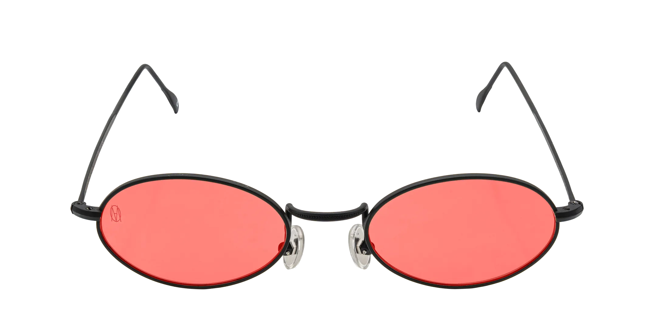 Vista frontale degli occhiali rotondi modello Marie, con montatura nera opaca e lenti color rosso, aperti