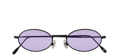 Vista frontale degli occhiali rotondi modello Marie, con montatura nera opaca e lenti color viola, chiusi