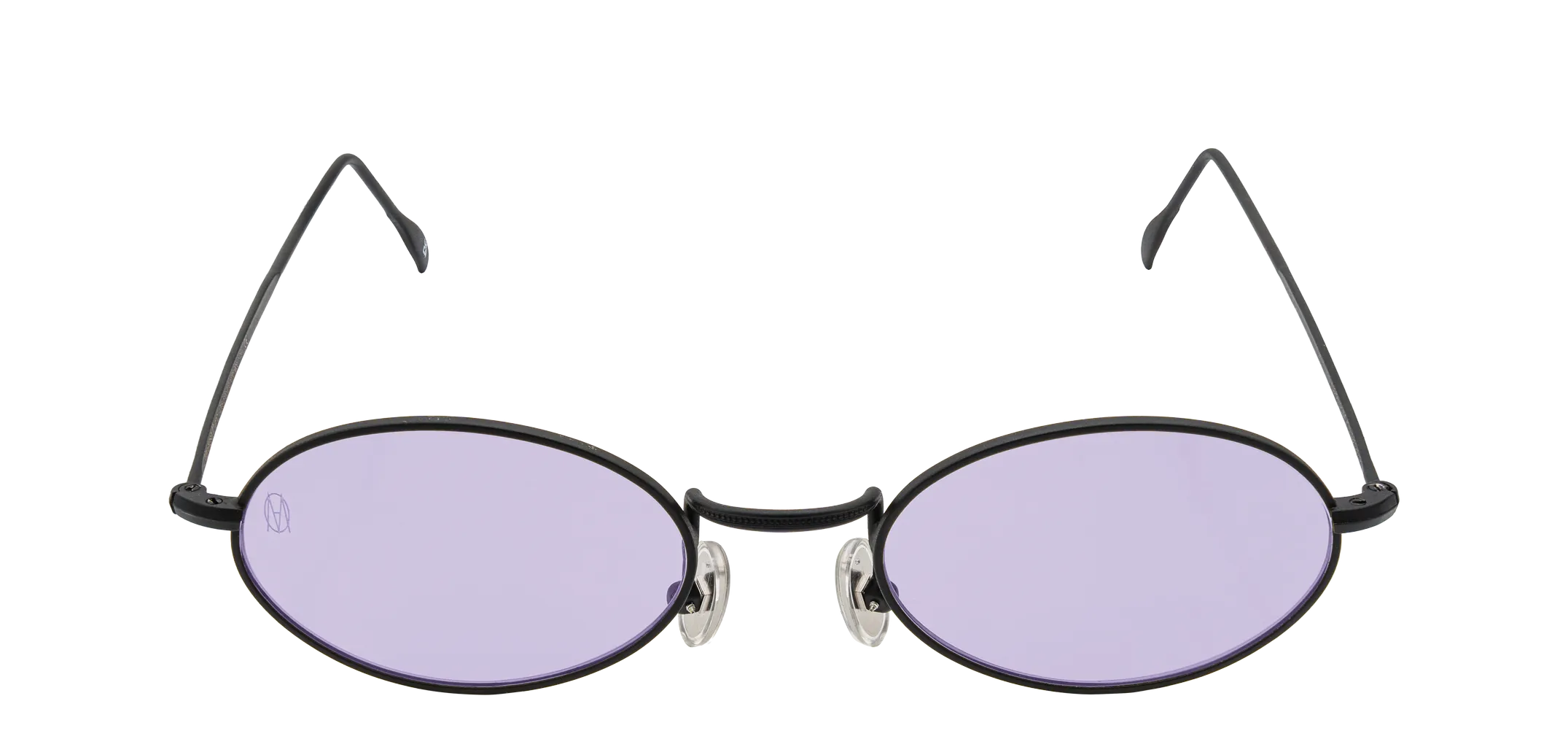 Vista frontale degli occhiali rotondi modello Marie, con montatura nera opaca e lenti color viola, aperti