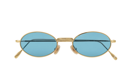 Vista frontale degli occhiali rotondi modello Marie, con montatura oro e lenti color azzurro, chiusi