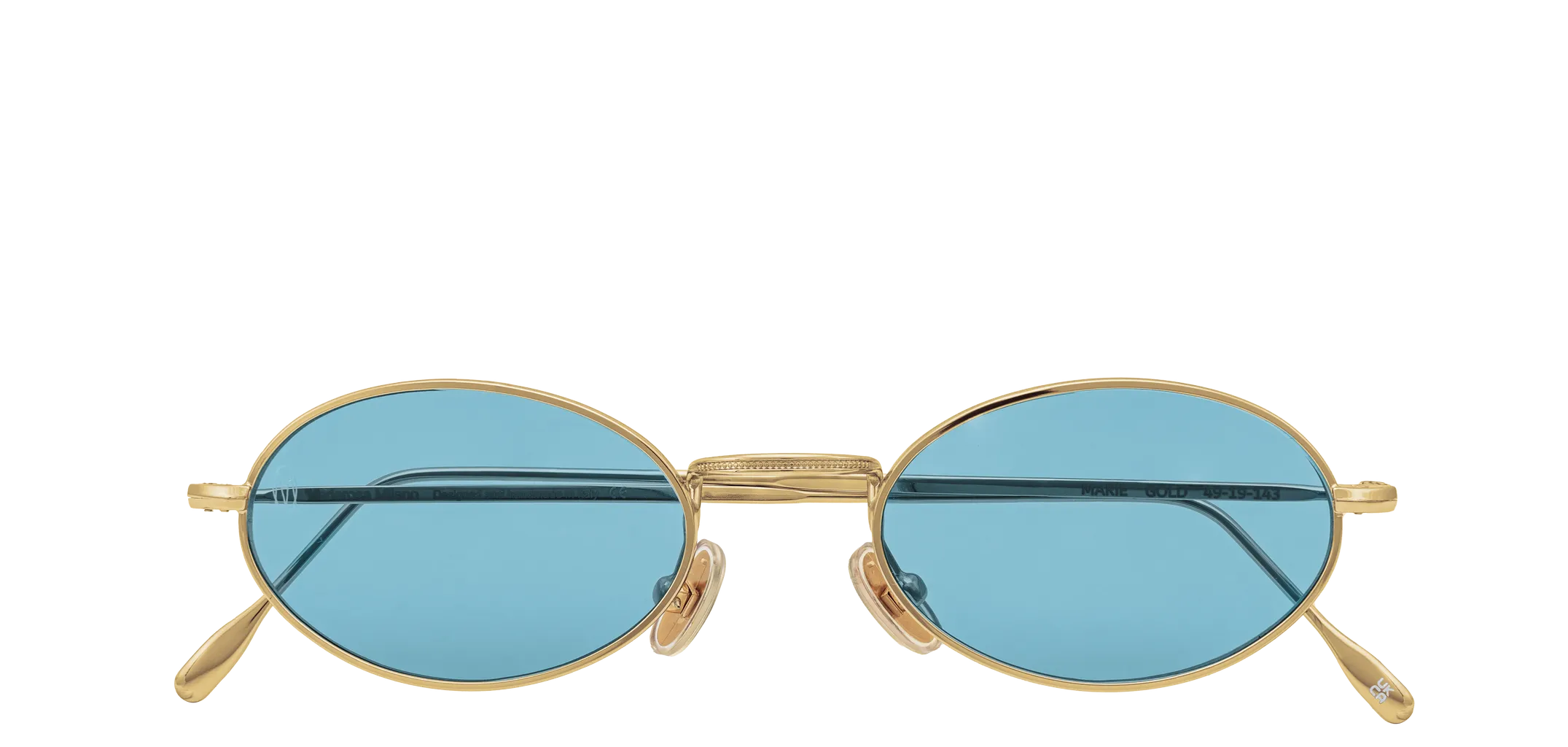 Vista frontale degli occhiali rotondi modello Marie, con montatura oro e lenti color azzurro, chiusi