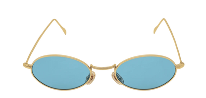 Vista frontale degli occhiali rotondi modello Marie, con montatura oro e lenti color azzurro, aperti