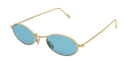 Vista a tre quarti degli occhiali rotondi modello Marie, con montatura oro e lenti color azzurro, aperti