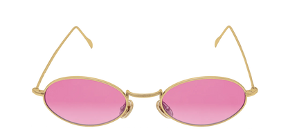 Vista frontale degli occhiali rotondi modello Marie, con montatura oro e lenti color fucsia sfumato, aperti