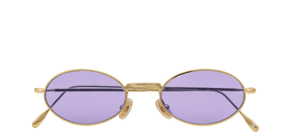 Vista frontale degli occhiali rotondi modello Marie, con montatura oro e lenti color viola, chiusi