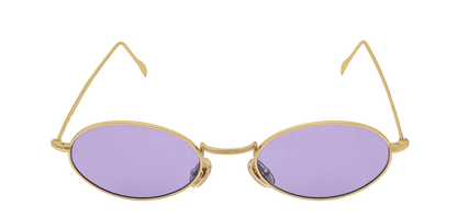 Vista frontale degli occhiali rotondi modello Marie, con montatura oro e lenti color viola, aperti