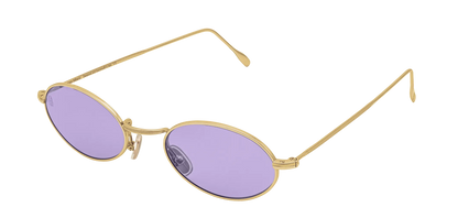 Vista a tre quarti degli occhiali rotondi modello Marie, con montatura oro e lenti color viola, aperti