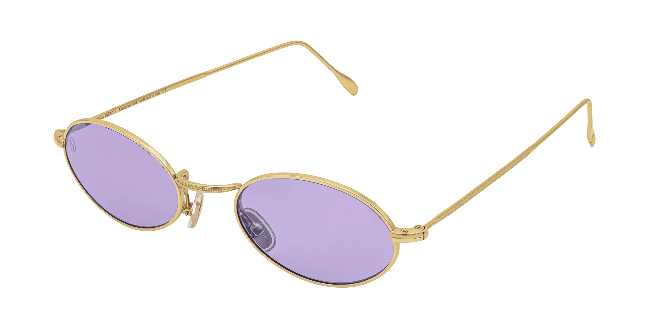 Vista a tre quarti degli occhiali rotondi modello Marie, con montatura oro e lenti color viola, aperti
