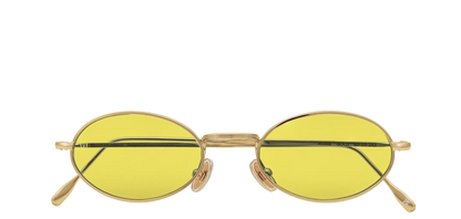 Vista frontale degli occhiali rotondi modello Marie, con montatura oro e lenti color miele, chiusi