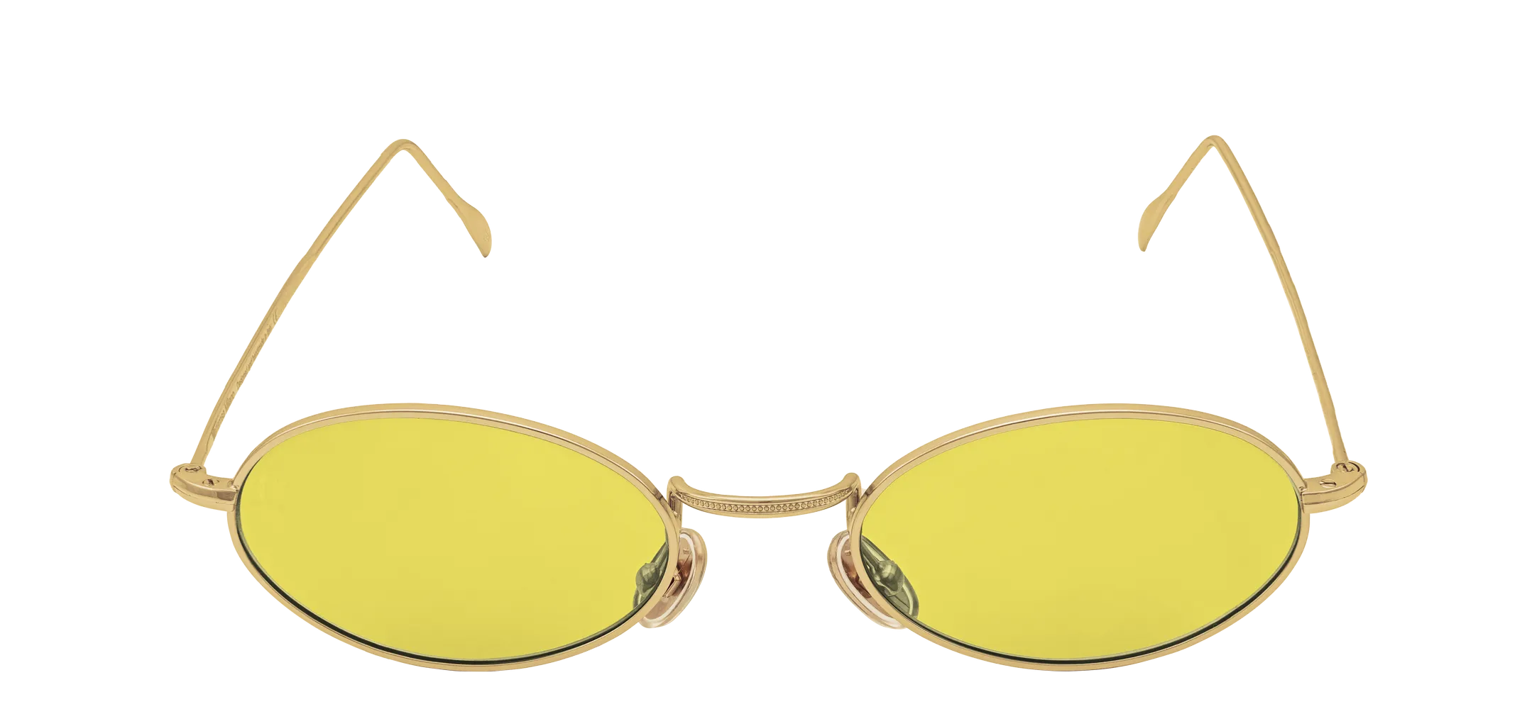 Vista frontale degli occhiali rotondi modello Marie, con montatura oro e lenti color miele, aperti