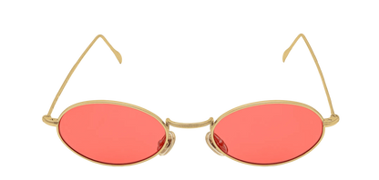 Vista frontale degli occhiali rotondi modello Marie, con montatura oro e lenti color rosso, aperti