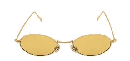 Vista frontale degli occhiali rotondi modello Marie, con montatura oro e lenti color ambra, aperti