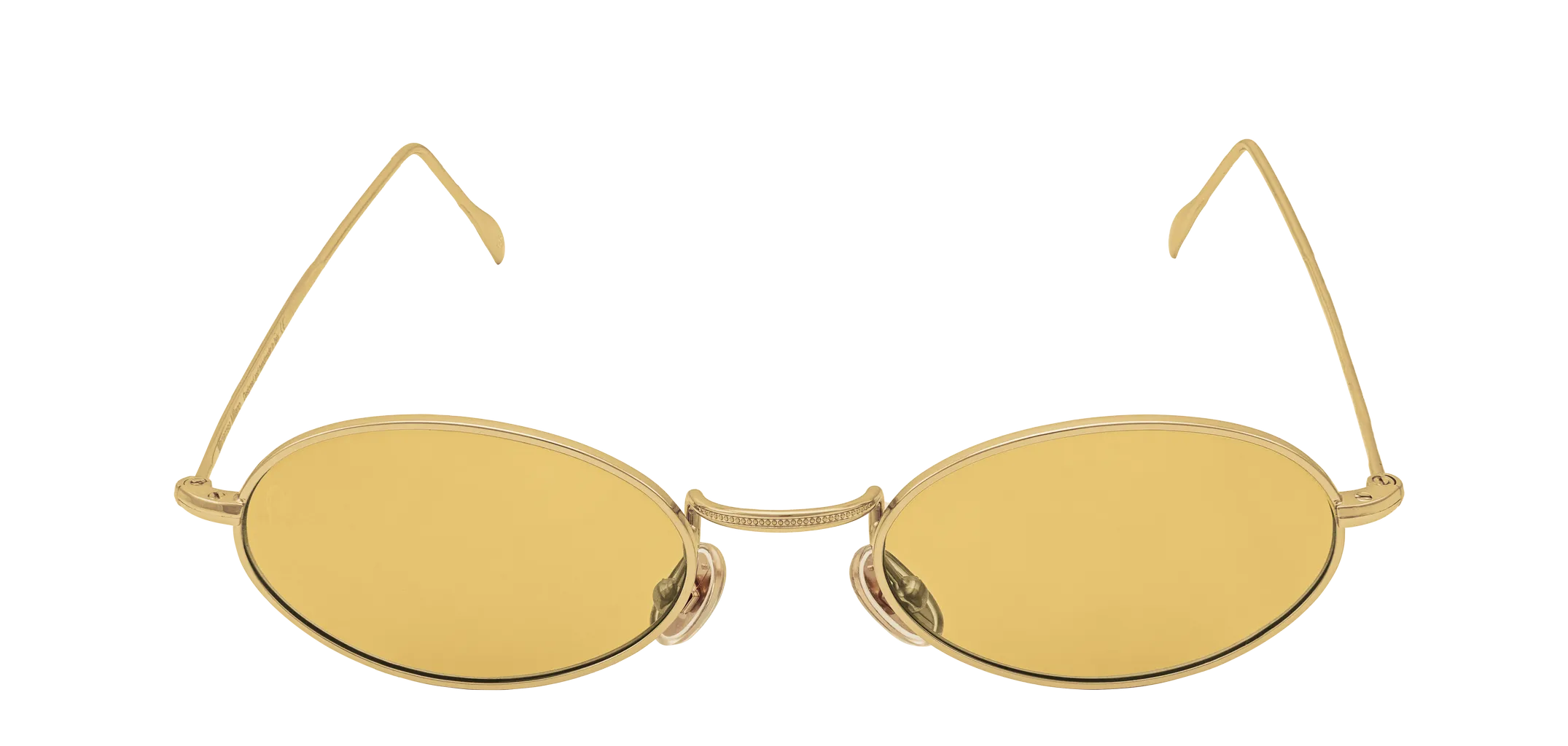 Vista frontale degli occhiali rotondi modello Marie, con montatura oro e lenti color ambra, aperti