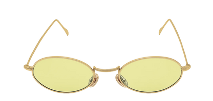 Vista frontale degli occhiali rotondi modello Marie, con montatura oro e lenti color giallo, aperti