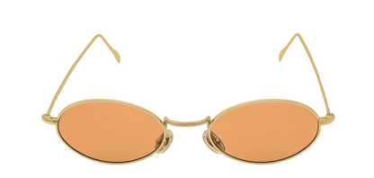 Vista frontale degli occhiali rotondi modello Marie, con montatura oro e lenti color arancio, aperti