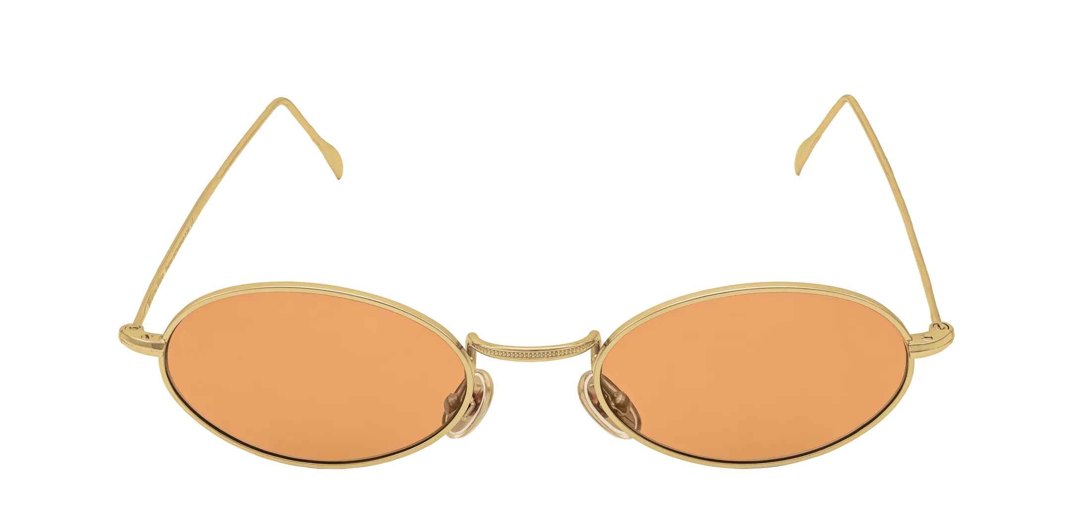 Vista frontale degli occhiali rotondi modello Marie, con montatura oro e lenti color arancio, aperti
